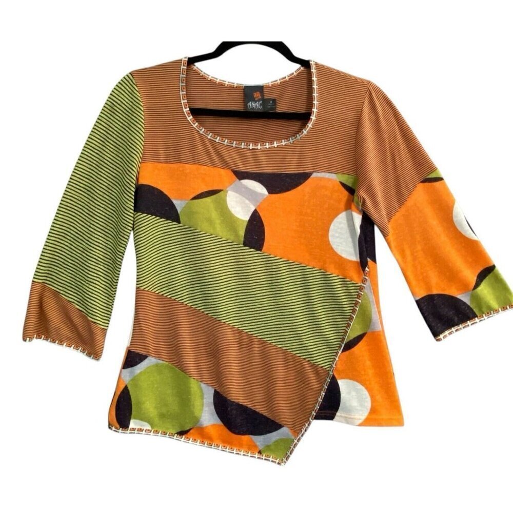 Anac by Kimi Women Top Size M Orange 3/4 Sleeves 60s Art to Wear Circles 2-29
